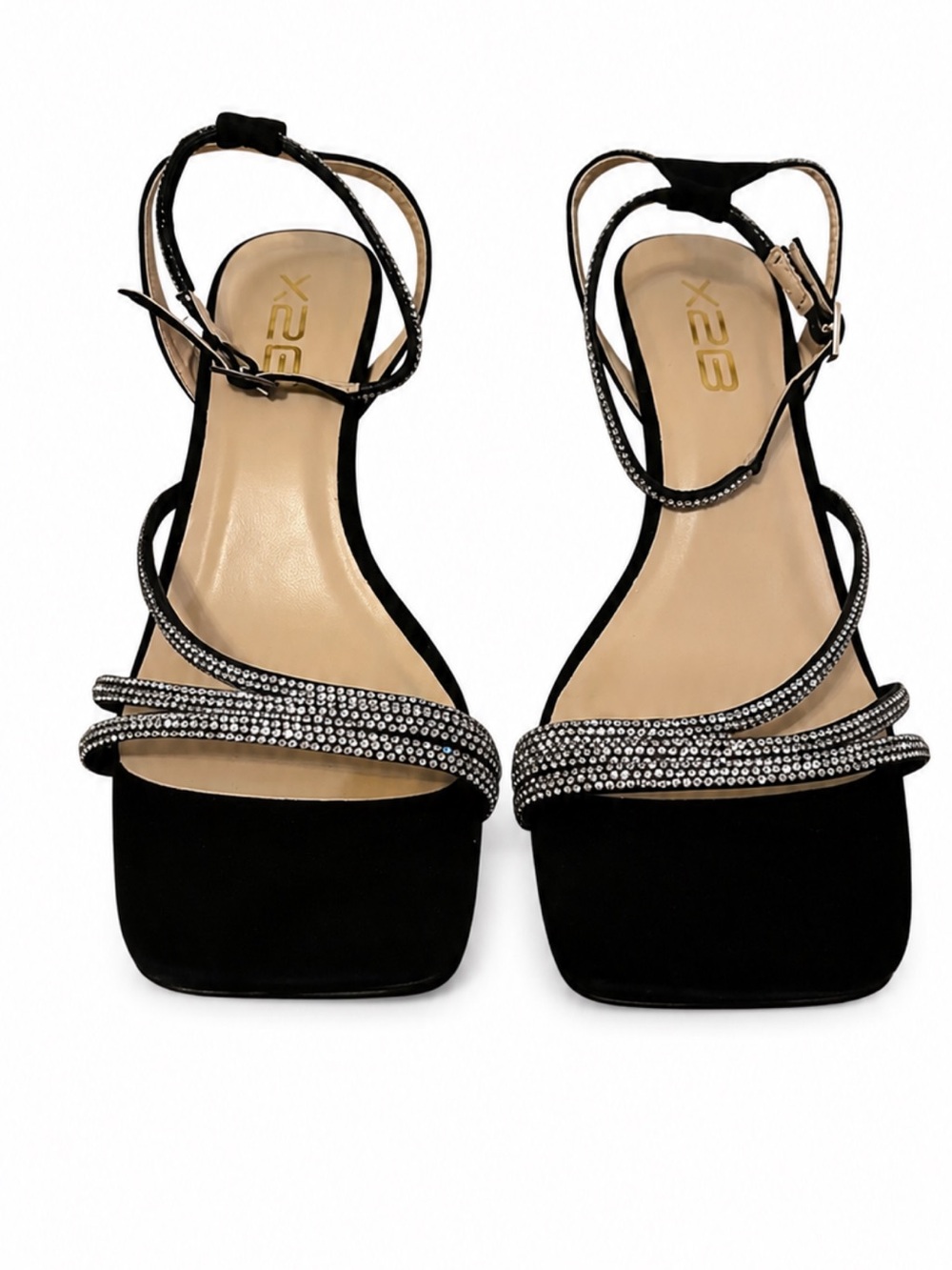 X2 Black Rhinestone Strappy Block-Heel Sandals